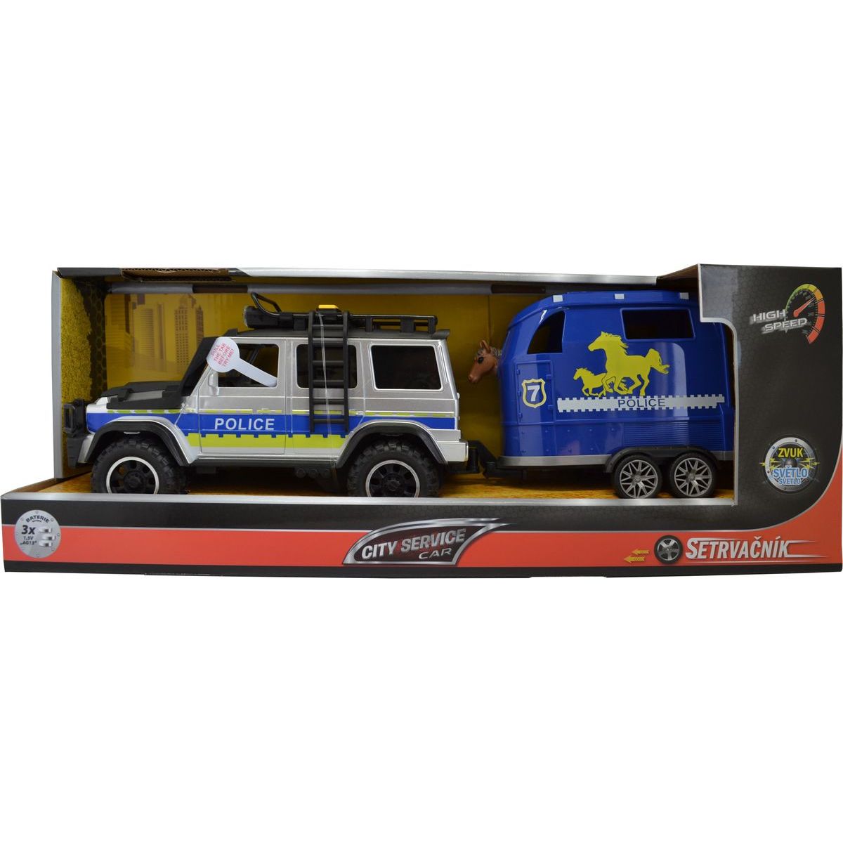 Sparkys CITY SERVICE CAR - 1:14 - Policejní auto s přívěsem a koněm (se zvukem a světly)