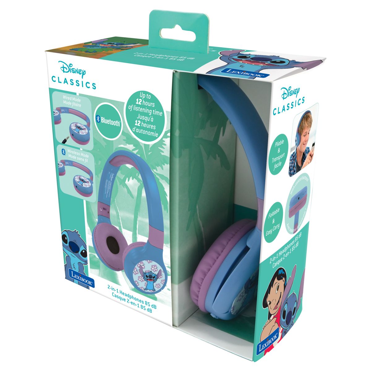 Lexibook 2v1 bluetooth skládací sluchátka Stitch s limitem hlasitosti
