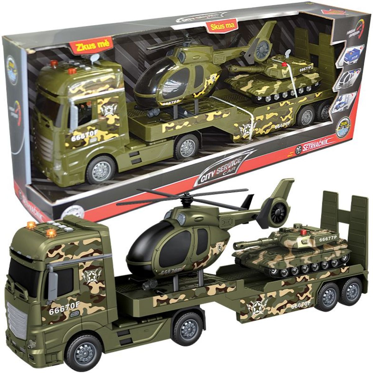 Sparkys CITY SERVICE CAR - 1:12 Vojenský tahač s vrtulníkem a tankem