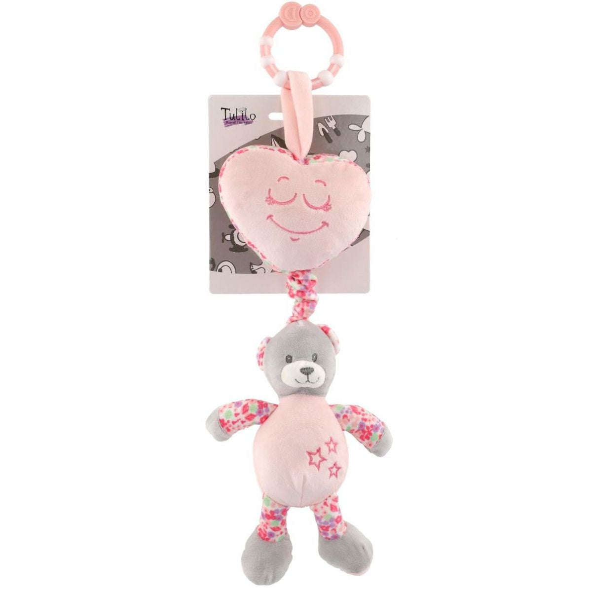 Teddies Medvěd se srdíčkem plyš se závěsem na postýlku 34 cm růžový