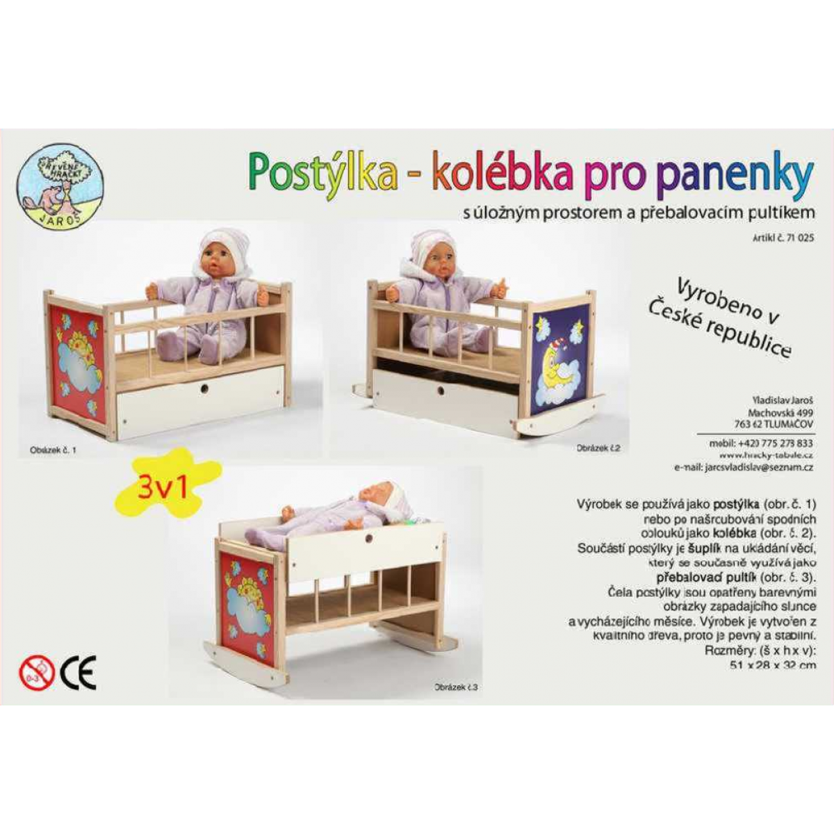 Dřevěné hračky Jaroš Dřevěná postýlka - kolébka pro panenky