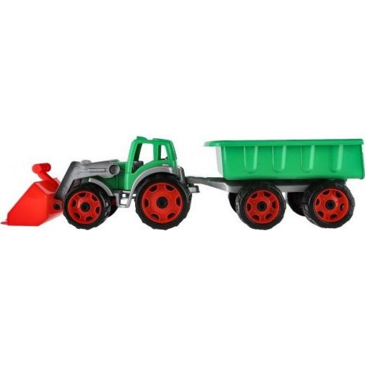 Traktor-nakladač-bagr s vlekem se lžící plast na volný chod zelený traktor i vlečka