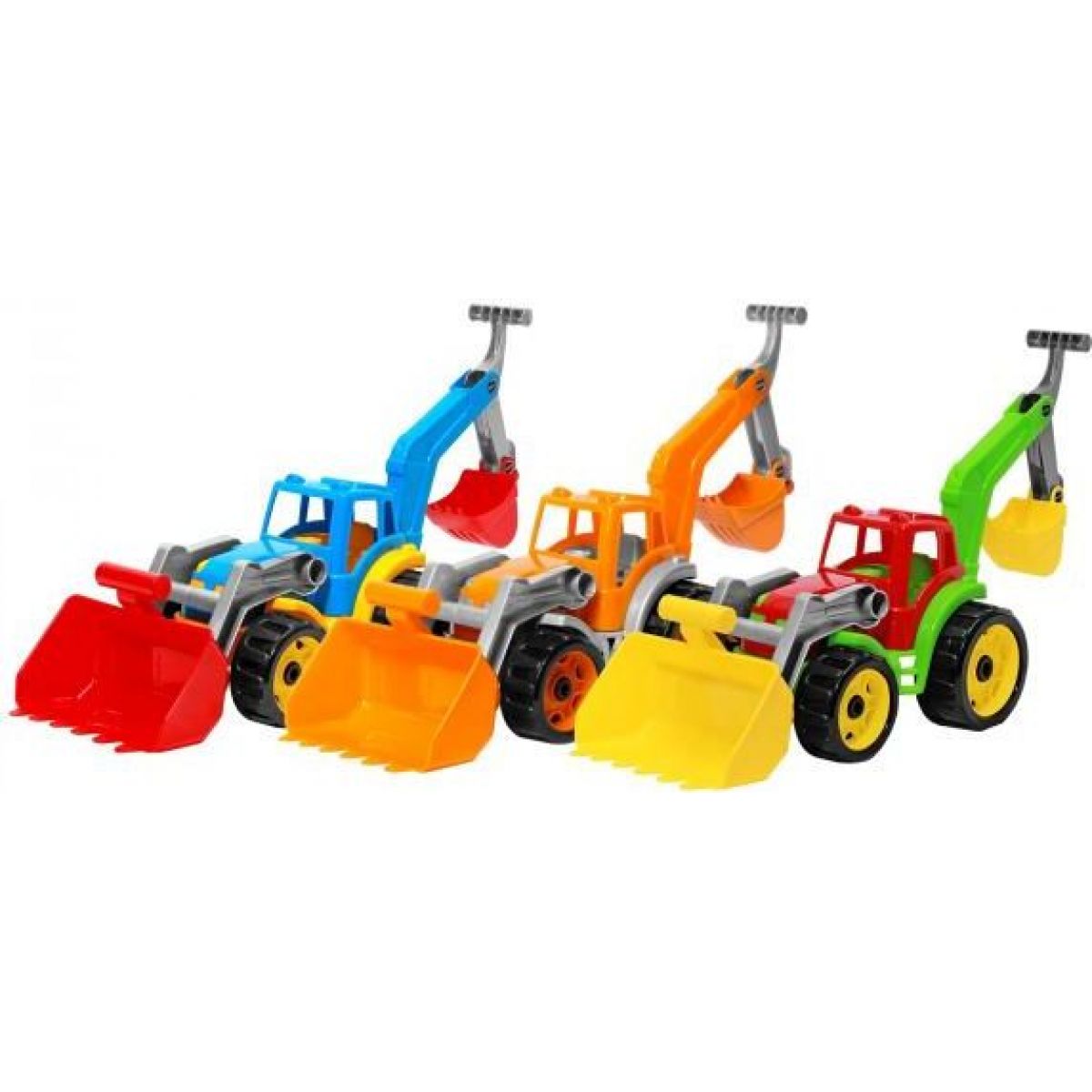 Traktor-nakladač-bagr se 2 lžícemi plast na volný chod modrý