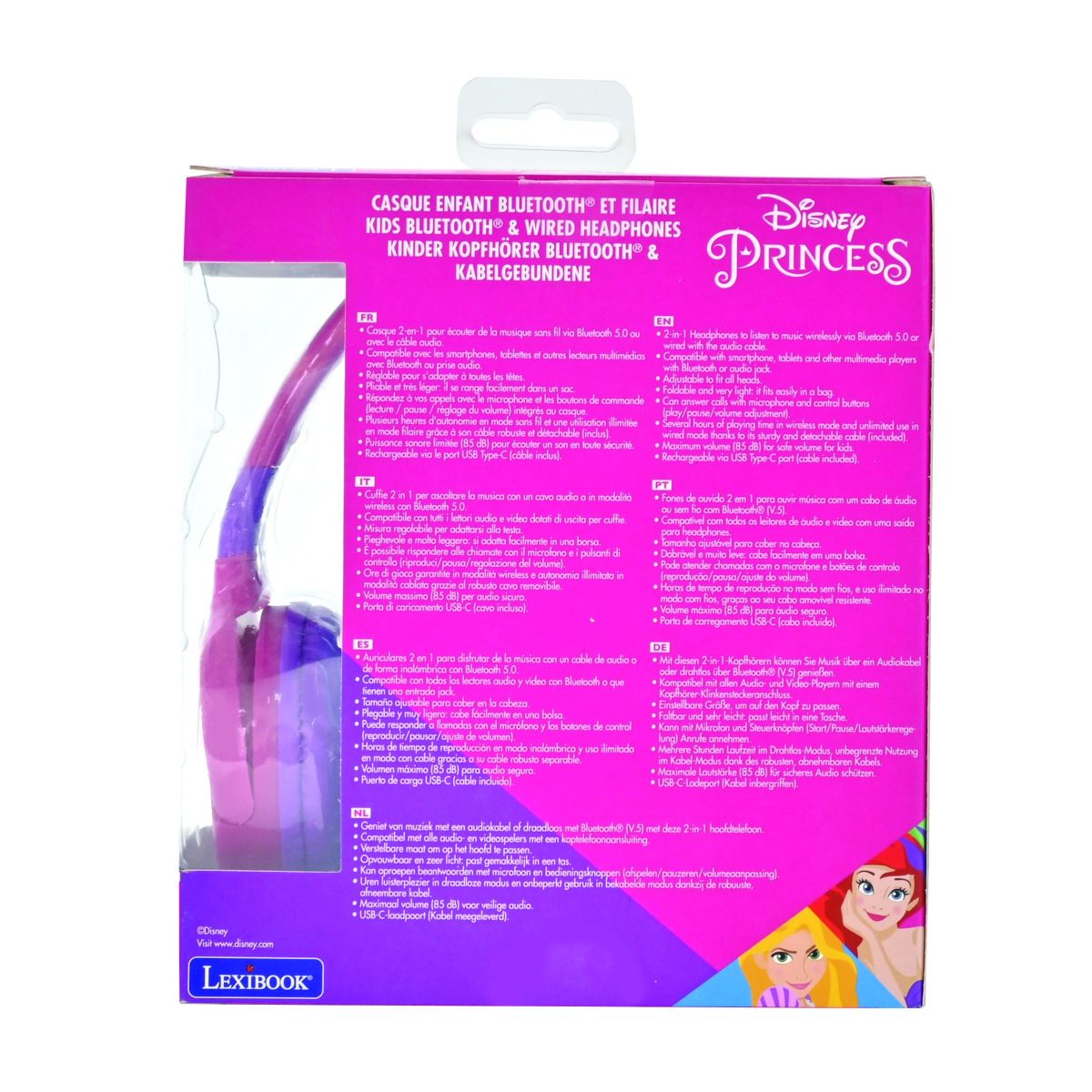Lexibook 2v1 bluetooth skládací sluchátka Disney princezny s limitem hlasitosti