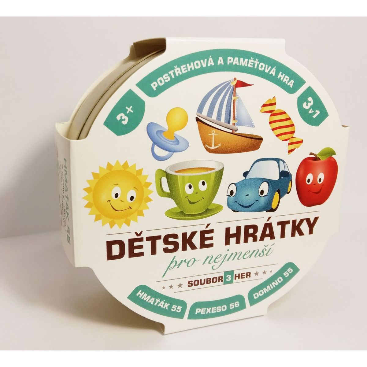 Teddies Dětské hrátky pro nejmenší 3 v 1 Společenské hry v plechové krabičce