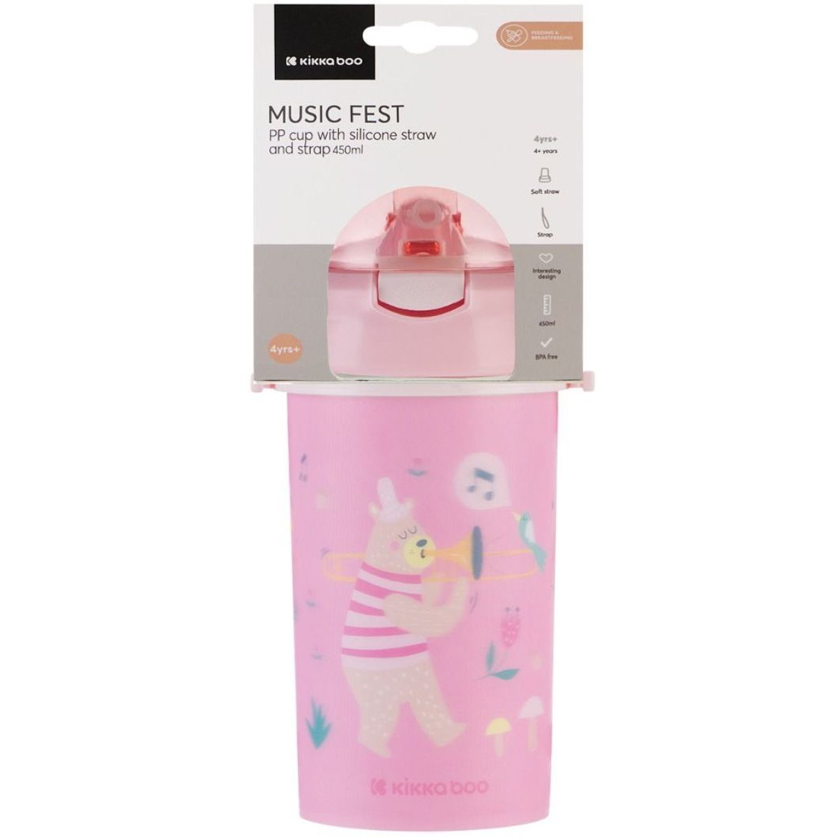 KikkaBoo Hrnek se silikonovým brčkem a popruhem 450ml Music Fest Pink