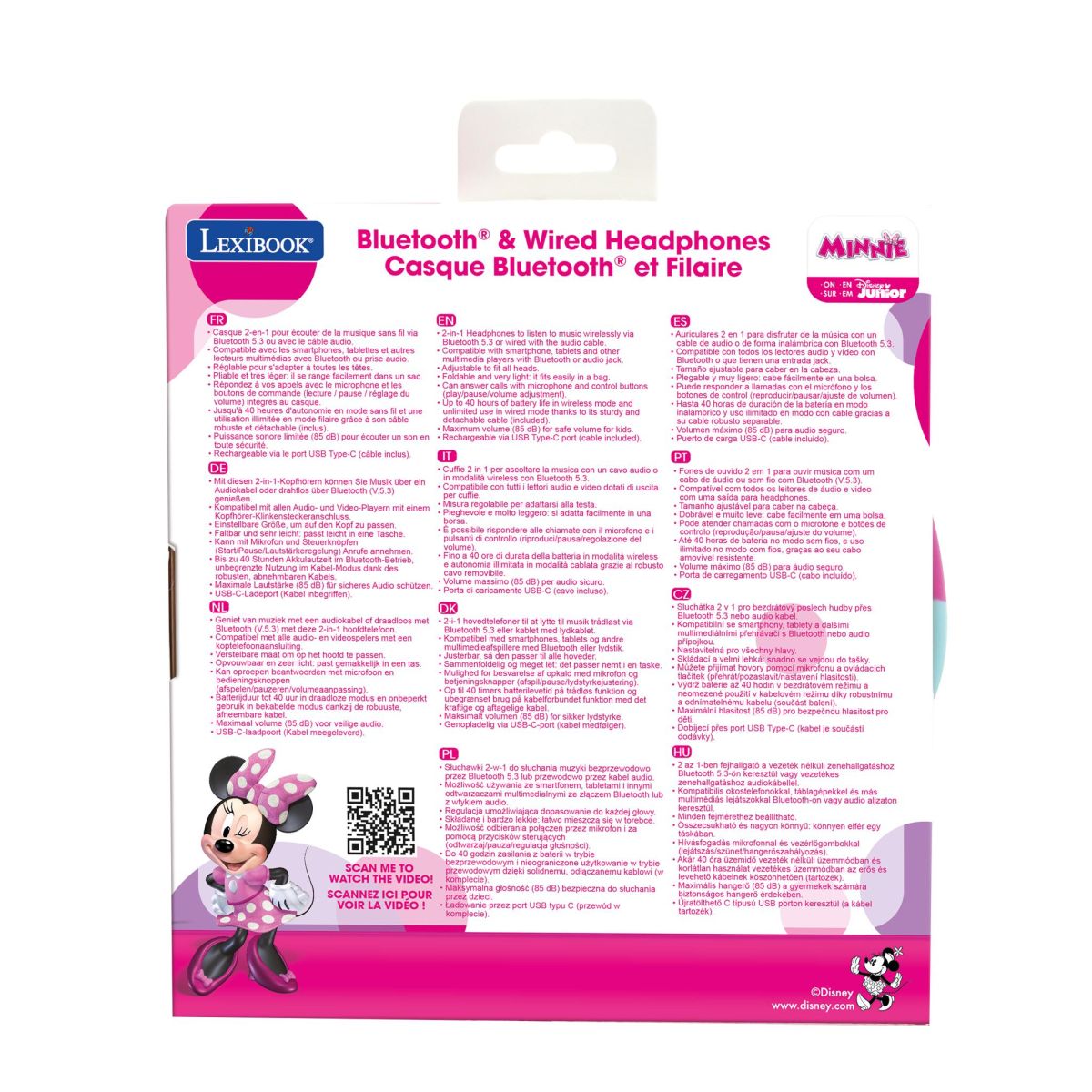 Lexibook 2v1 bluetooth skládací sluchátka Minnie s limitem hlasitosti