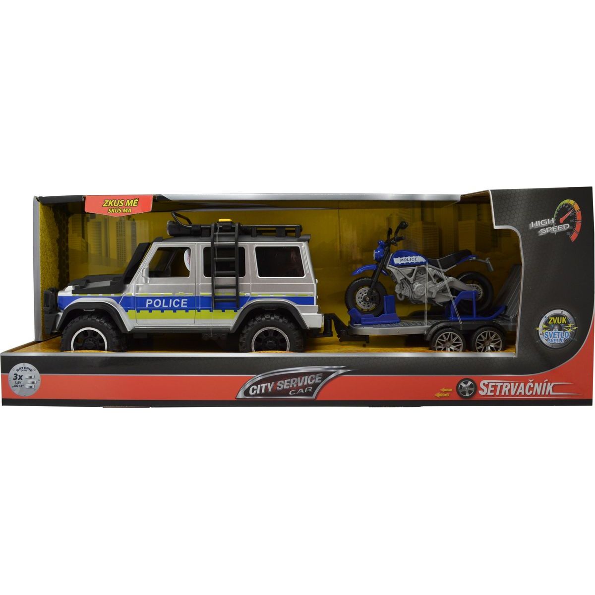 Sparkys CITY SERVICE CAR - 1:14 - Policejní auto s přívěsem a motorkou (se zvukem a světly)