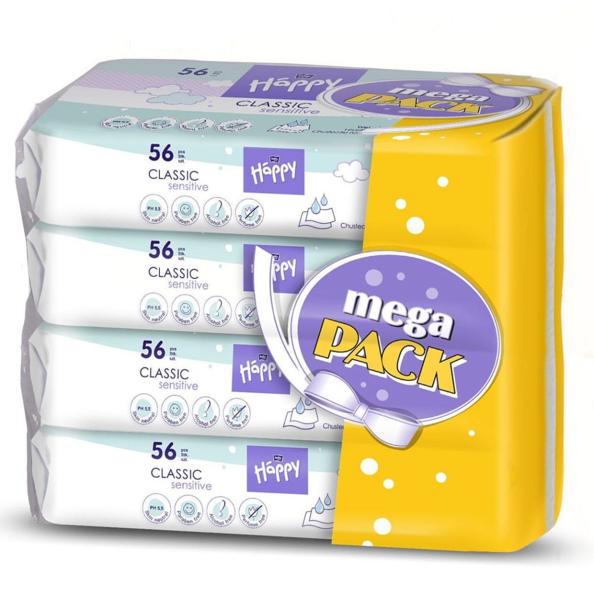 Happy vlhčené ubrousky Classic Sensitive á 56 x 4 - Mega Pack