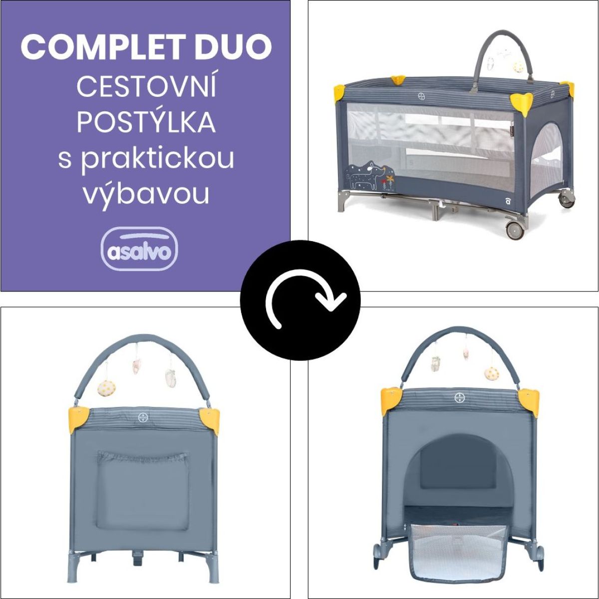 Asalvo COMPLET DUO cestovní postýlka s druhým dnem a hrazdičkou, puppy