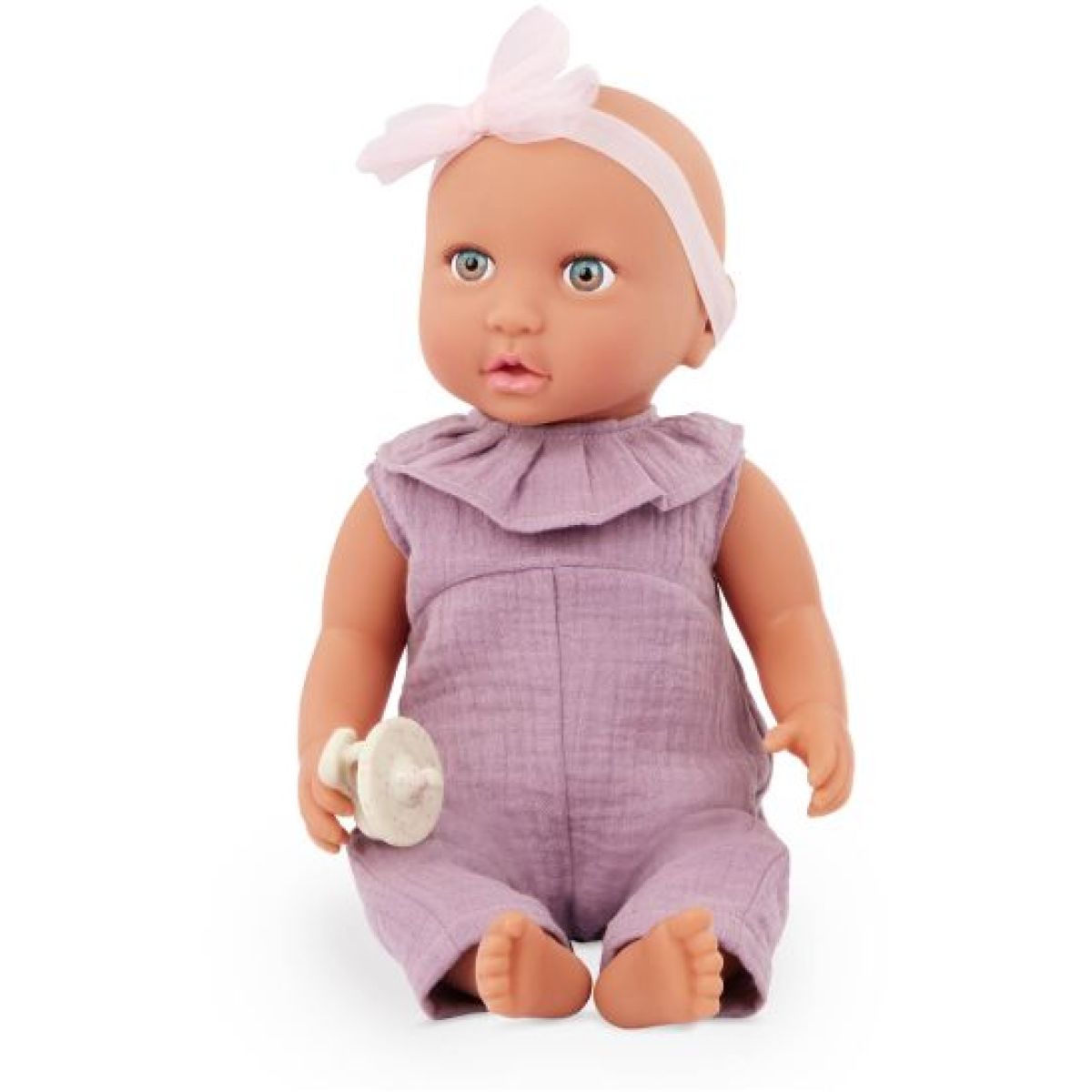 LullaBaby Panenka 35 cm v overalu s čelenkou Lila