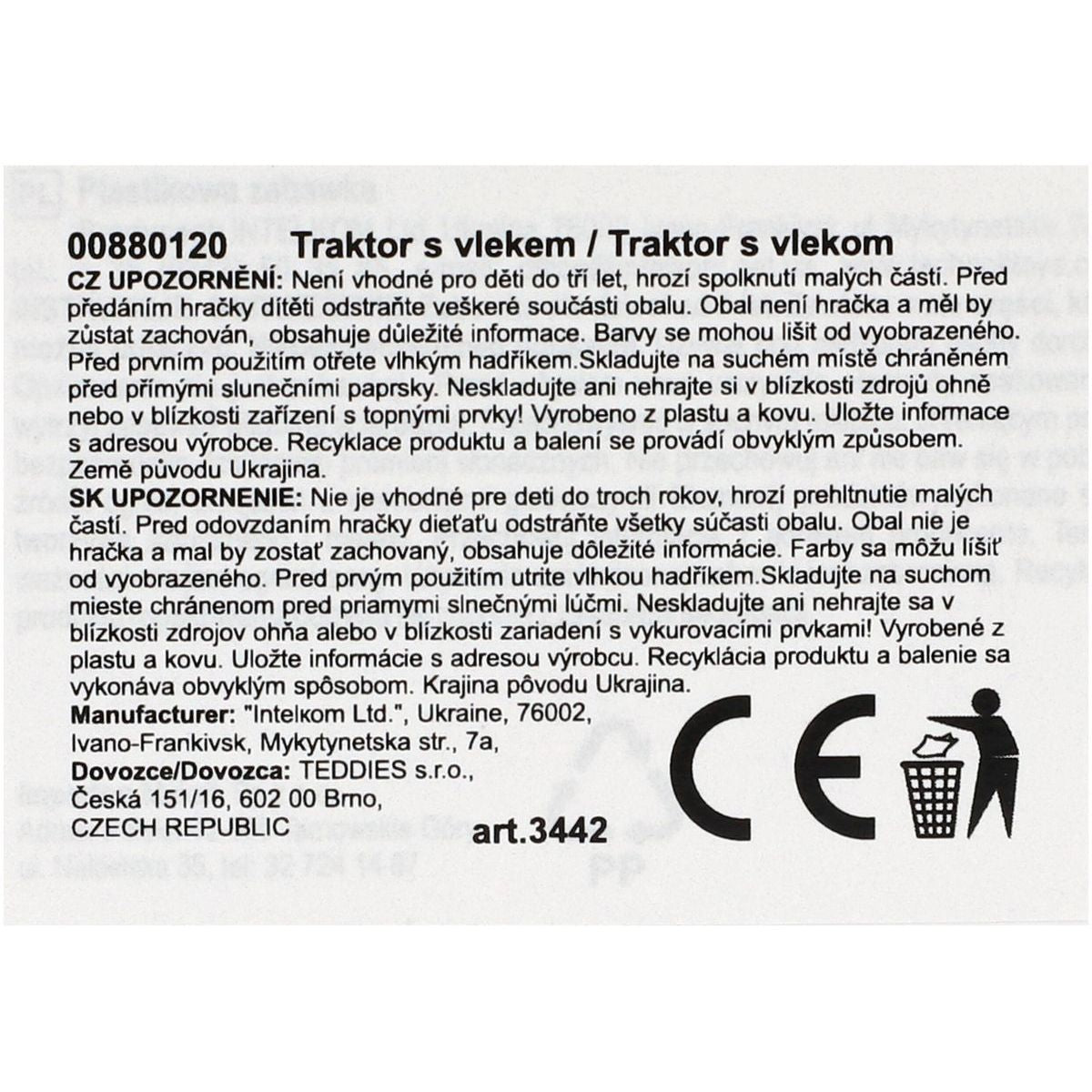 Traktor s vlekem plast 53 cm na volný chod 2 barvy v síťce