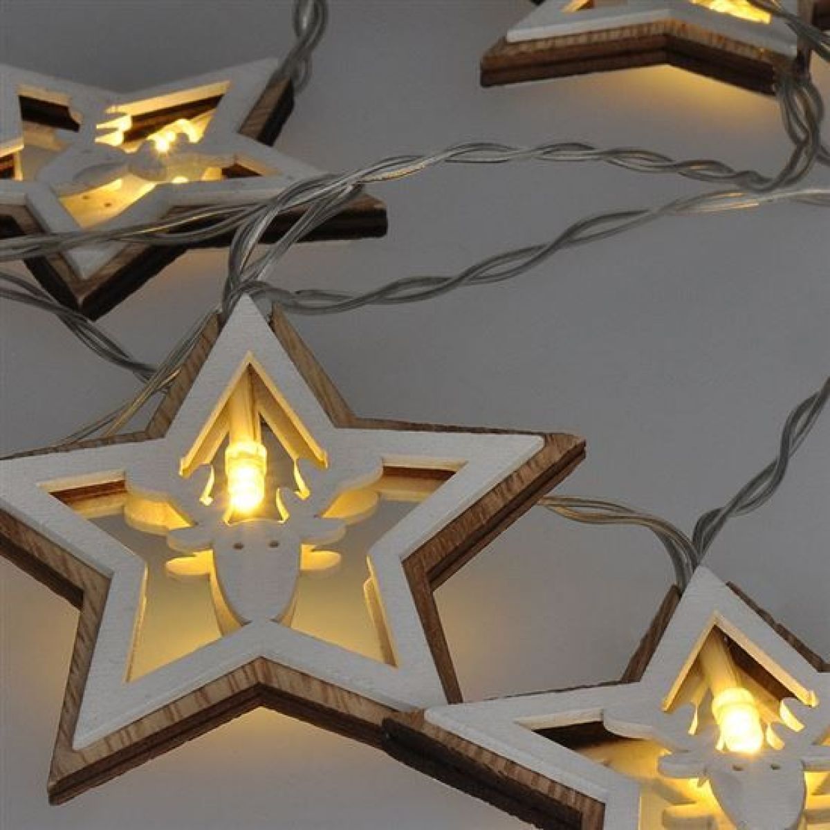 LED vánoční řetěz hvězdy, 10 x LED, dřevo, 1,5 m, 2 x AA