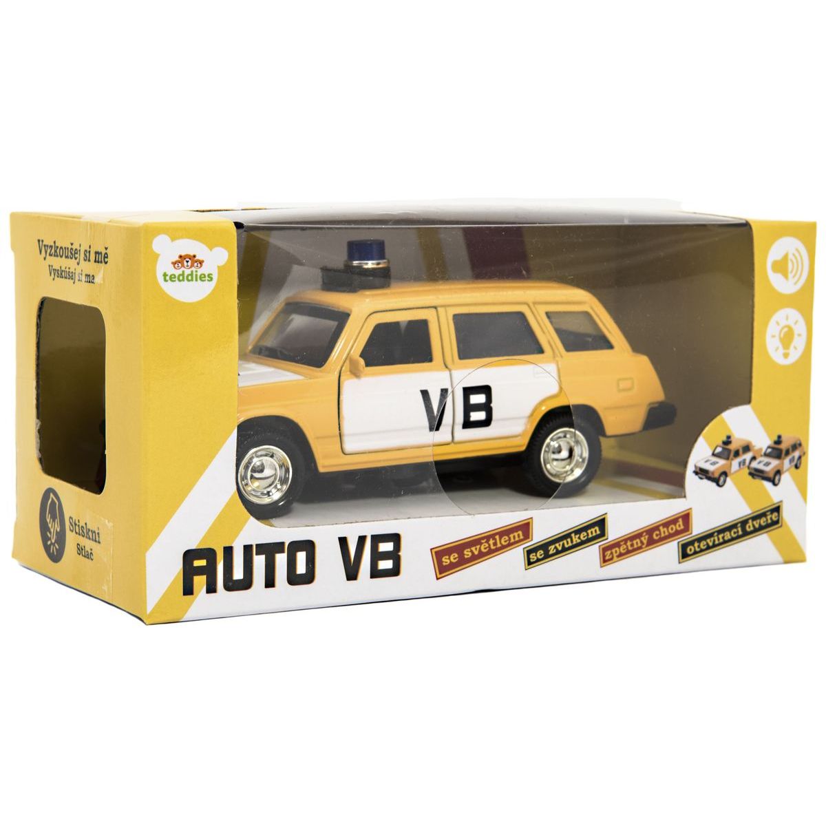 Policejní auto VB combi kov-plast 11,5 cm na zpětné natažení na baterie se zvukem v krabičce 15 x 7x 7 cm