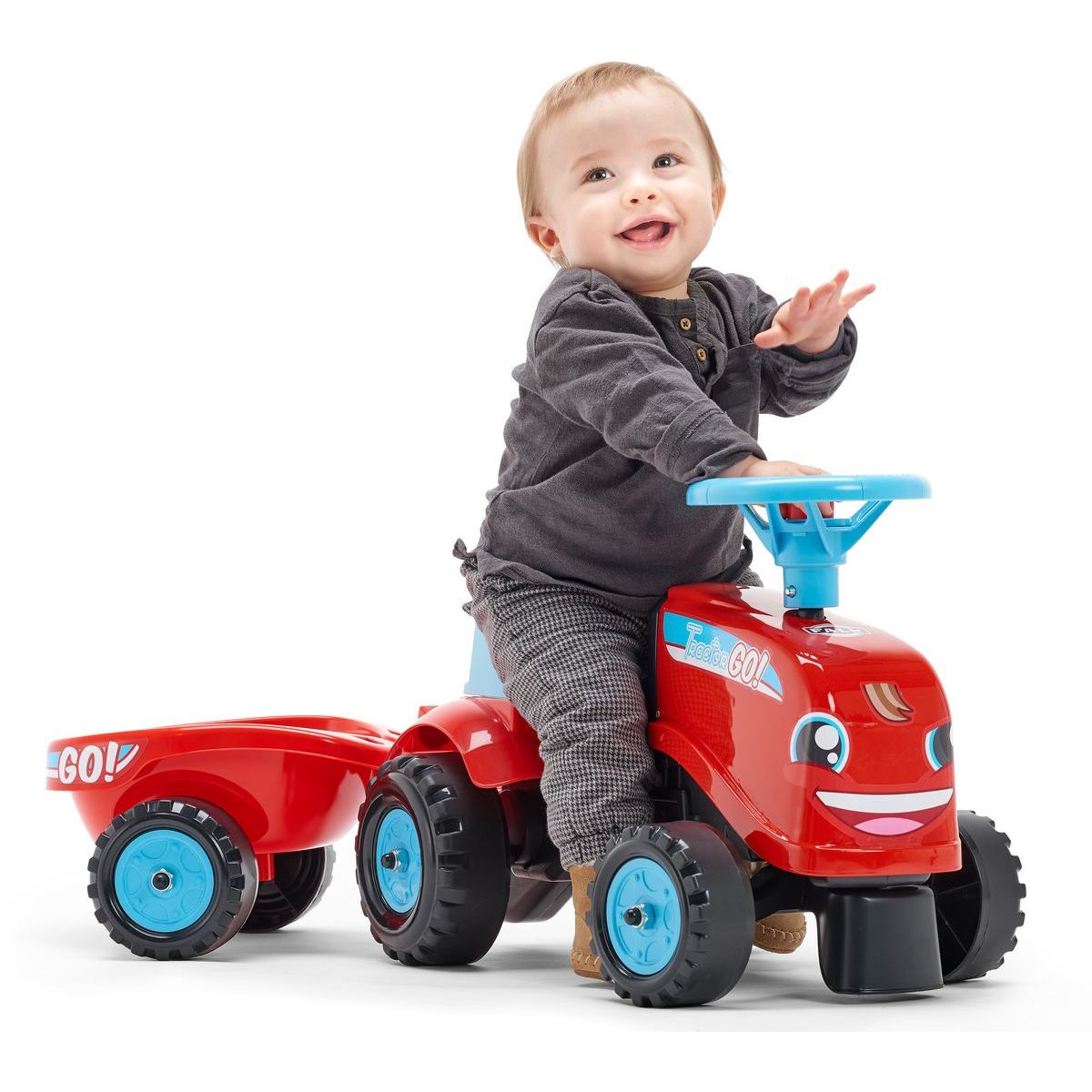 Falk Odstrkovadlo traktor Go Farm červené s volantem a valníkem