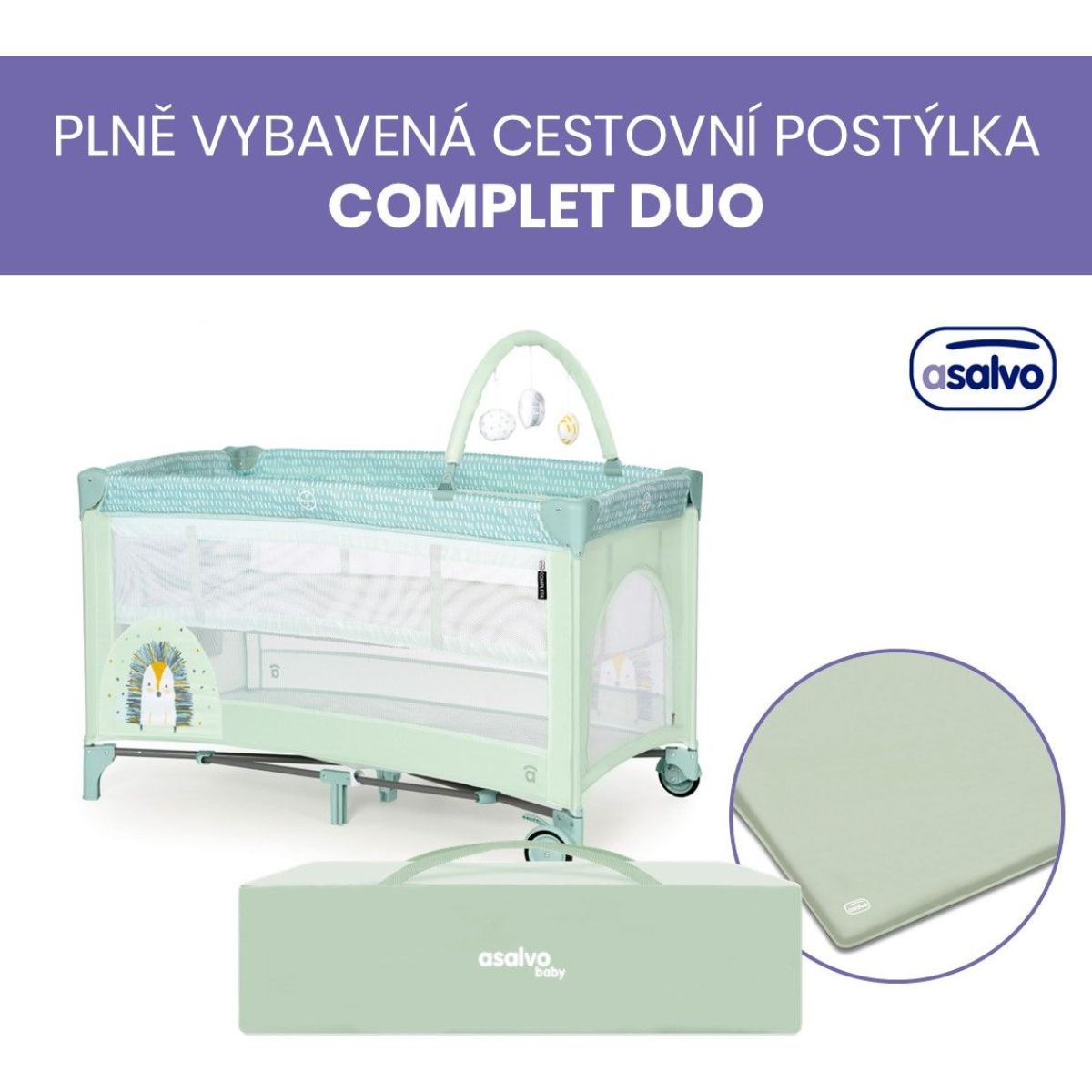 Asalvo COMPLET DUO cestovní postýlka s druhým dnem a hrazdičkou, hedgehog