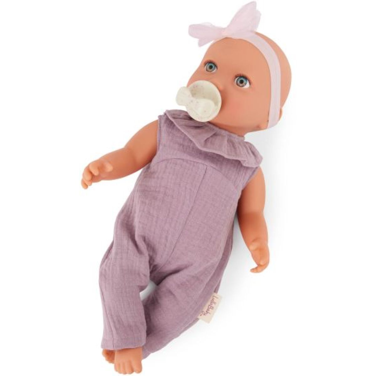 LullaBaby Panenka 35 cm v overalu s čelenkou Lila