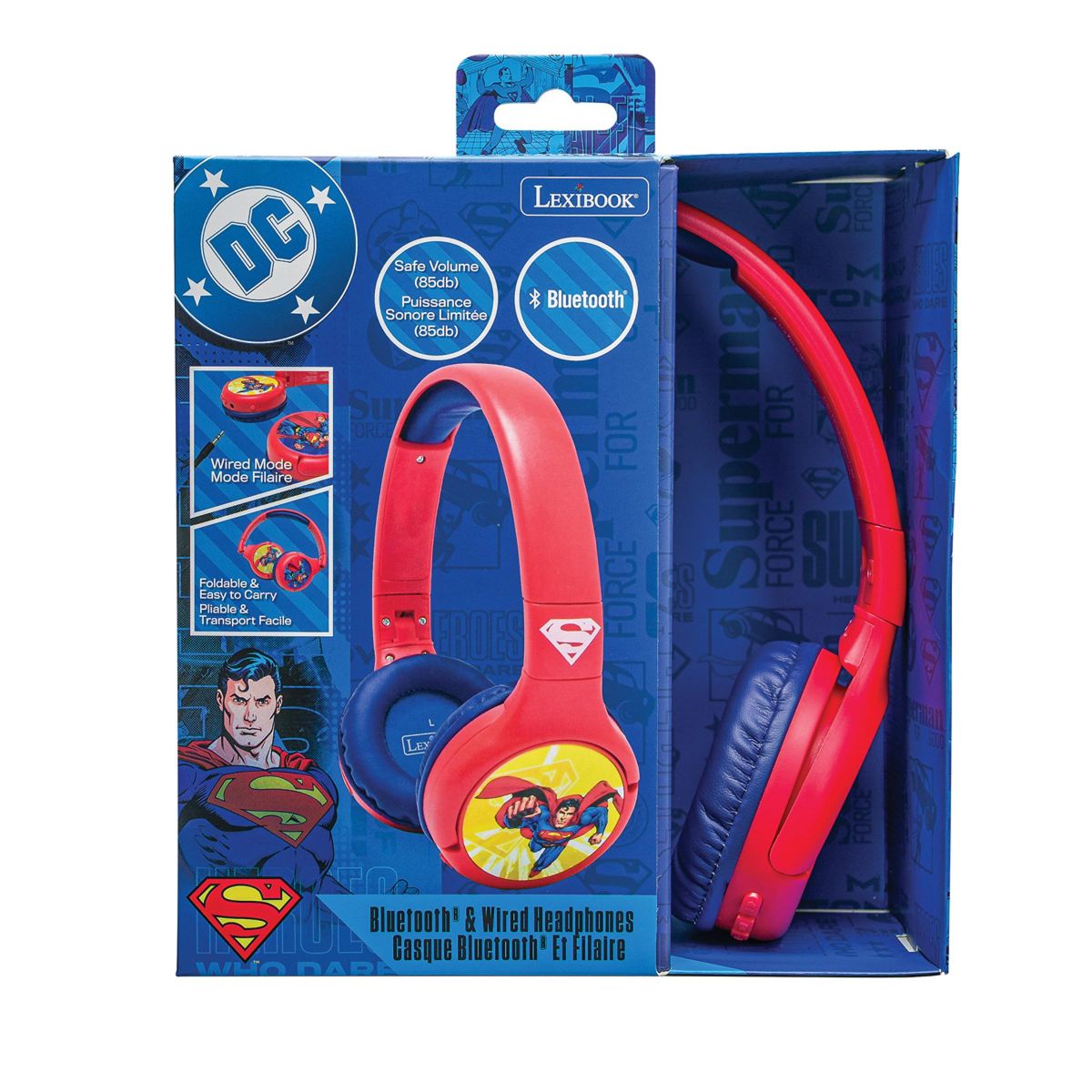 Lexibook 2v1 bluetooth skládací sluchátka Superman s limitem hlasitosti