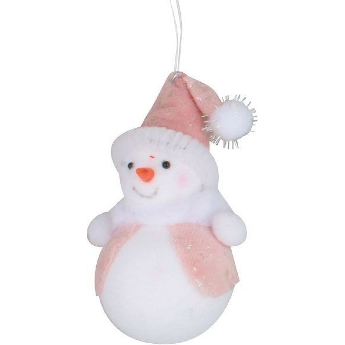 Sněhulák na zavěšení v barevném kabátku 11 cm růžový kabátek s bambulkou