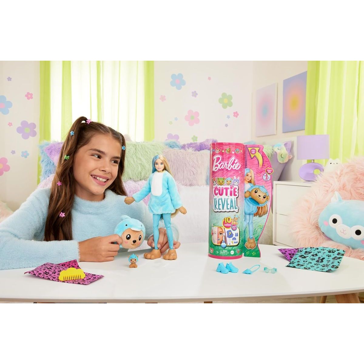 Barbie Cutie Reveal Barbie v kostýmu Medvědice v modrém kostýmu Delfína