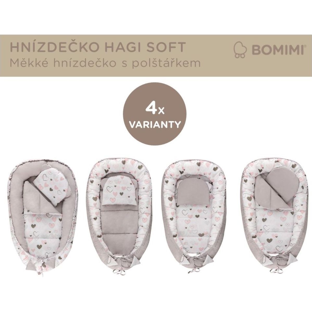 Bomimi Hagi Hnízdečko s polštářkem soft, srdíčka šedá