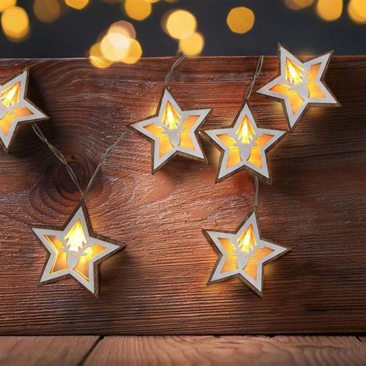 LED vánoční řetěz hvězdy, 10 x LED, dřevo, 1,5 m, 2 x AA
