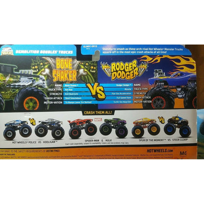 Mattel Hot Wheels Monster trucks demoliční duo Bone Shaker VS Rodger Dodger