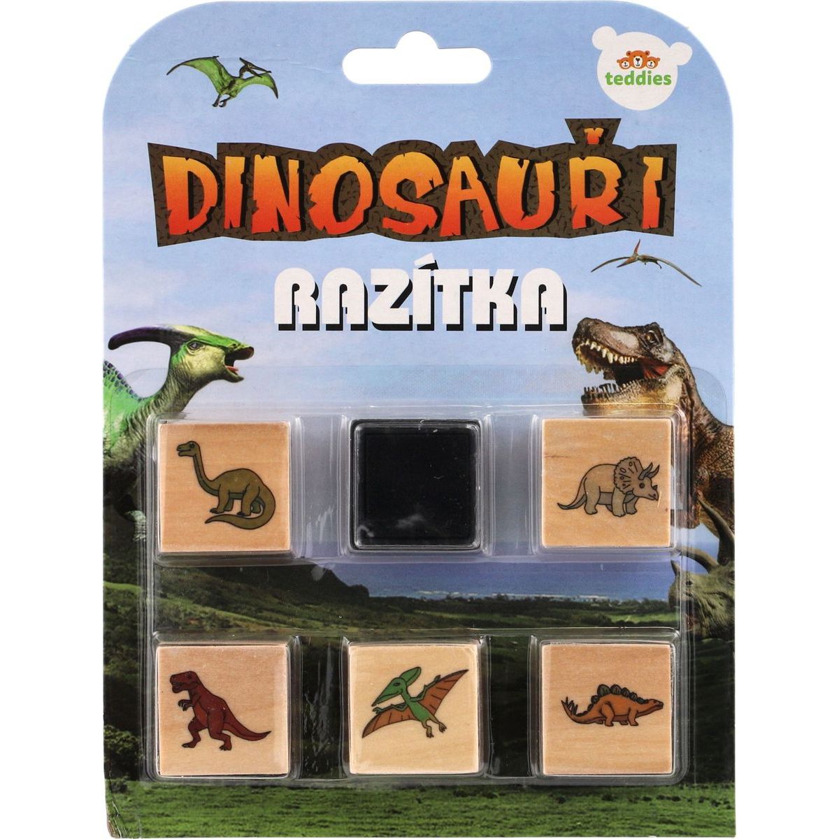 Razítka dřevěná  5+1 s poduškou motiv dinosauři