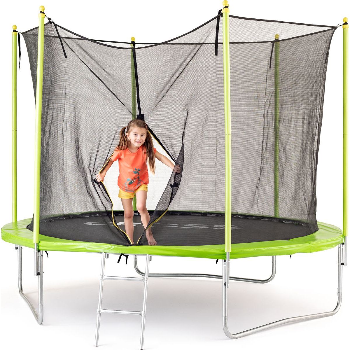 Trampolína CROSS se sítí a žebříkem, zeleno-černá, 306 x 306 x 250 cm