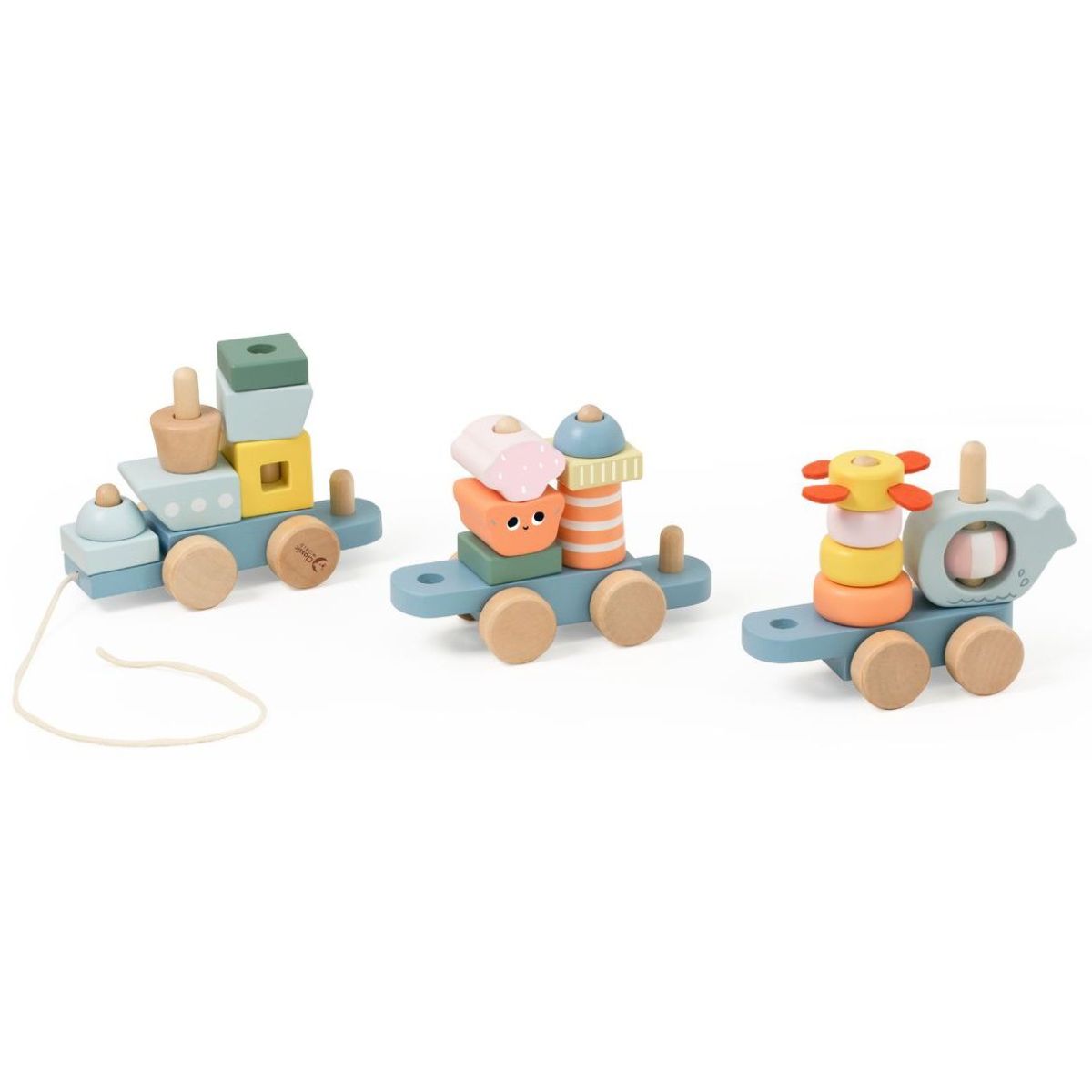 Teddies Vlak + 2 vagóny oceán dřevo tahací stavebnice 28 dílků v krabici 38x12x8cm 12m+