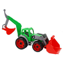 Traktor-nakladač-bagr se 2 lžícemi plast na volný chod červeno-zelený