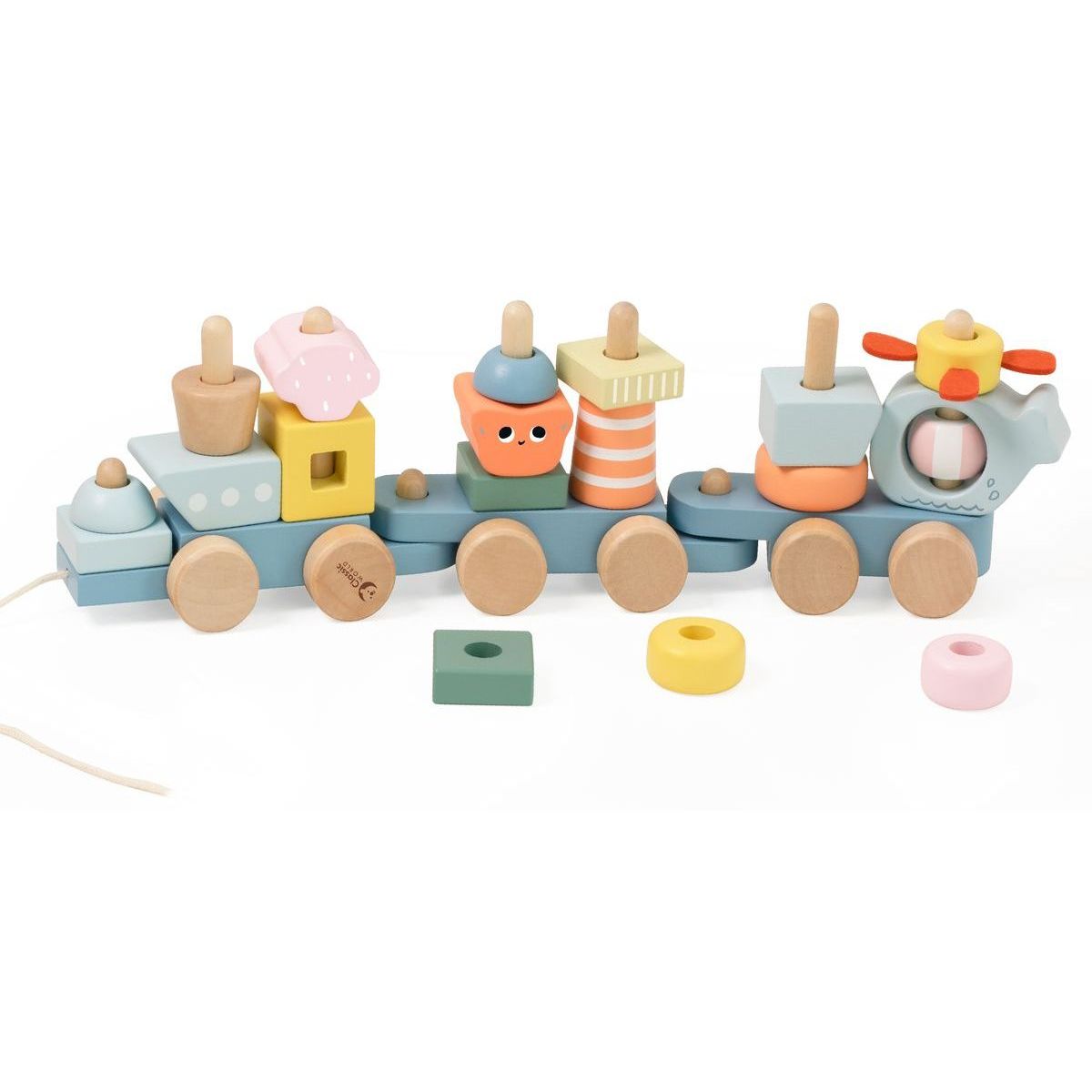 Teddies Vlak + 2 vagóny oceán dřevo tahací stavebnice 28 dílků v krabici 38x12x8cm 12m+