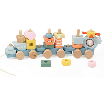 Teddies Vlak + 2 vagóny oceán dřevo tahací stavebnice 28 dílků v krabici 38x12x8cm 12m+