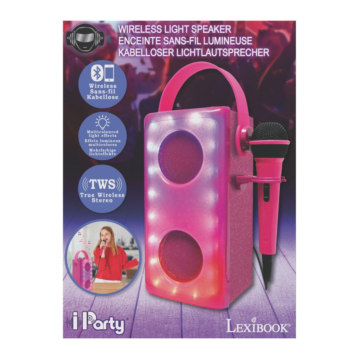Lexibook iParty bluetooth reproduktor růžový s mikrofonem a světelnými efekty