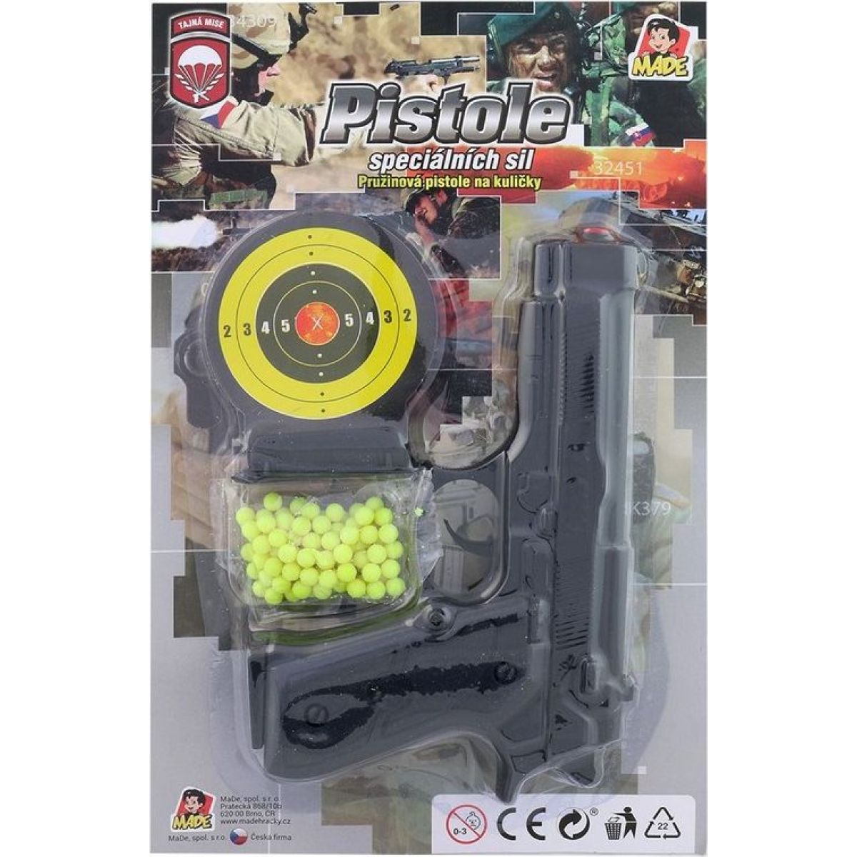 Pistolka na kartě s náhradními kuličkami 18 cm
