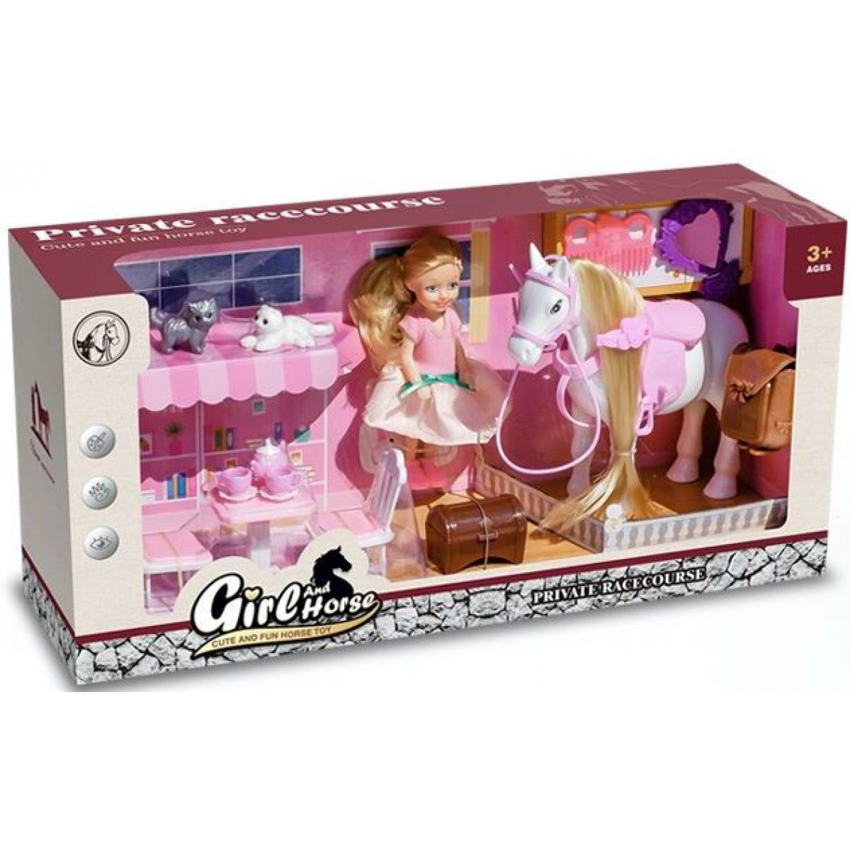 Alltoys Hrací set koník s panenkou a kočičkami