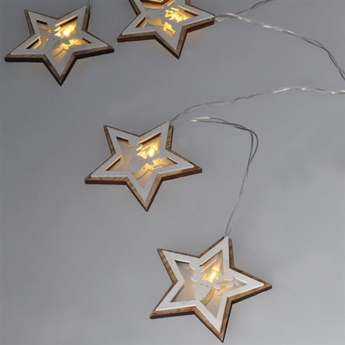 LED vánoční řetěz hvězdy, 10 x LED, dřevo, 1,5 m, 2 x AA