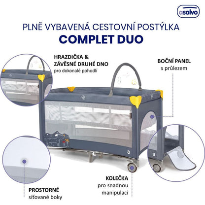 Asalvo COMPLET DUO cestovní postýlka s druhým dnem a hrazdičkou, puppy