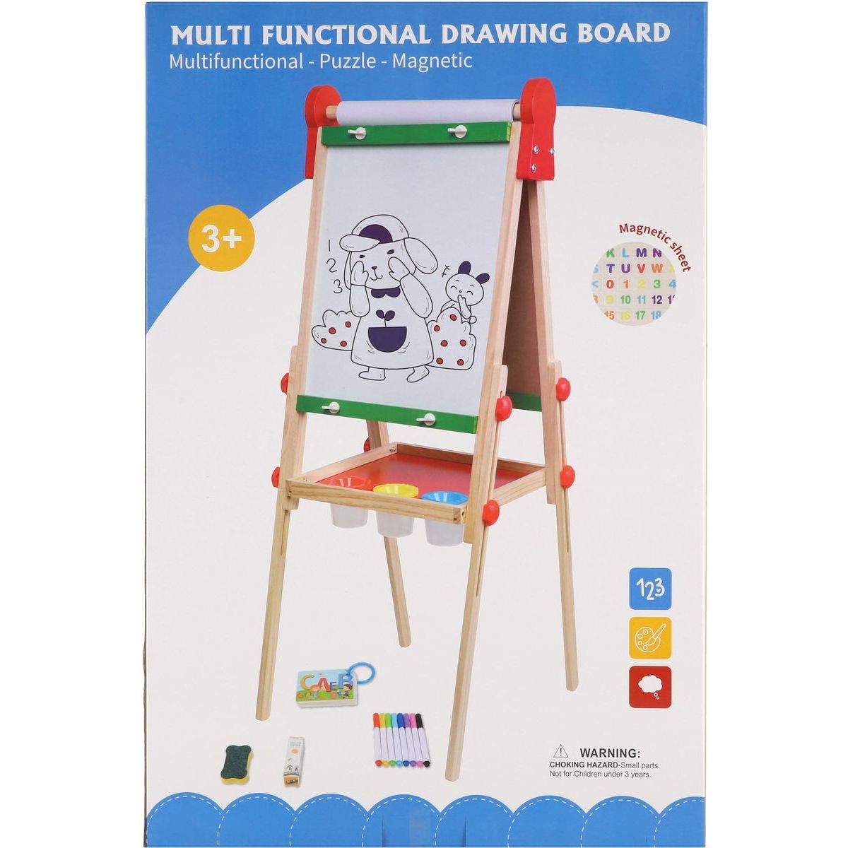 Teddies Tabule oboustranná magnetická dřevo černá-bílá 35x43cm s rolí papíru s doplňky v krabici 40x61cm