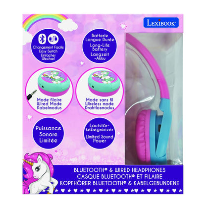 Lexibook 2v1 bluetooth skládací sluchátka Jednorožec s limitem hlasitosti