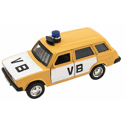 Policejní auto VB combi kov-plast 11,5 cm na zpětné natažení na baterie se zvukem v krabičce 15 x 7x 7 cm