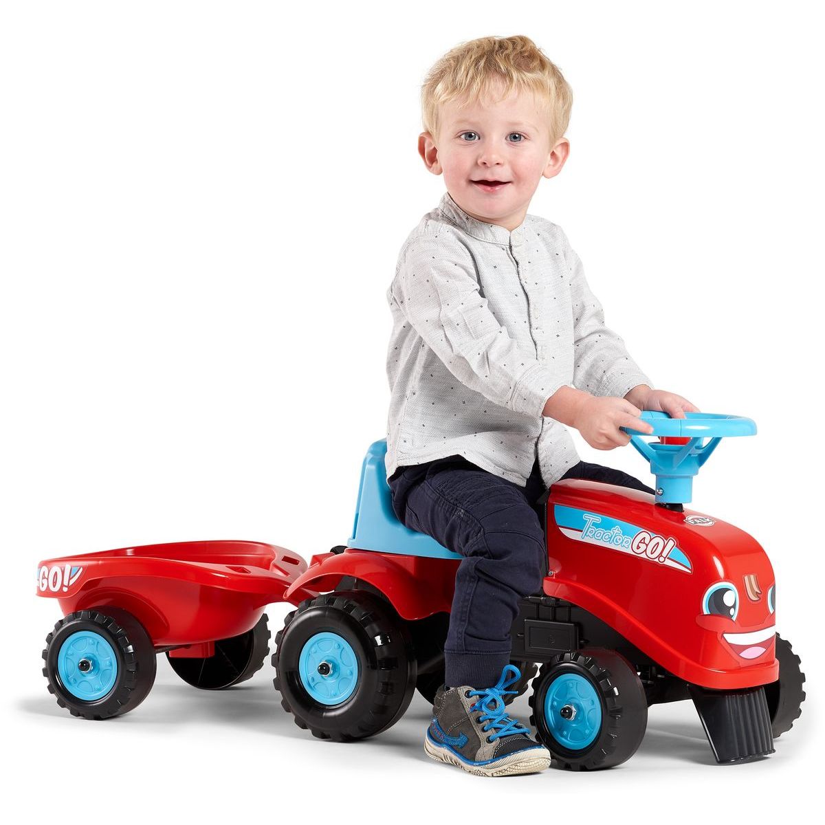 Falk Odstrkovadlo traktor Go Farm červené s volantem a valníkem