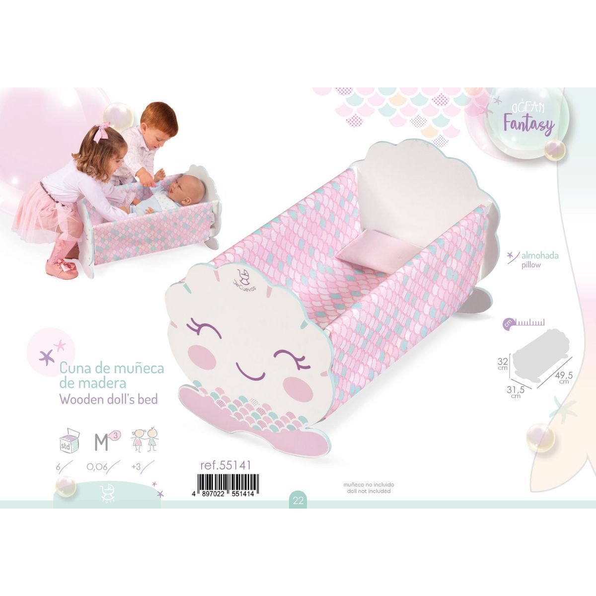 DeCuevas 55141 Dřevěná postýlka pro panenky s doplňky Ocean Fantasy 2021