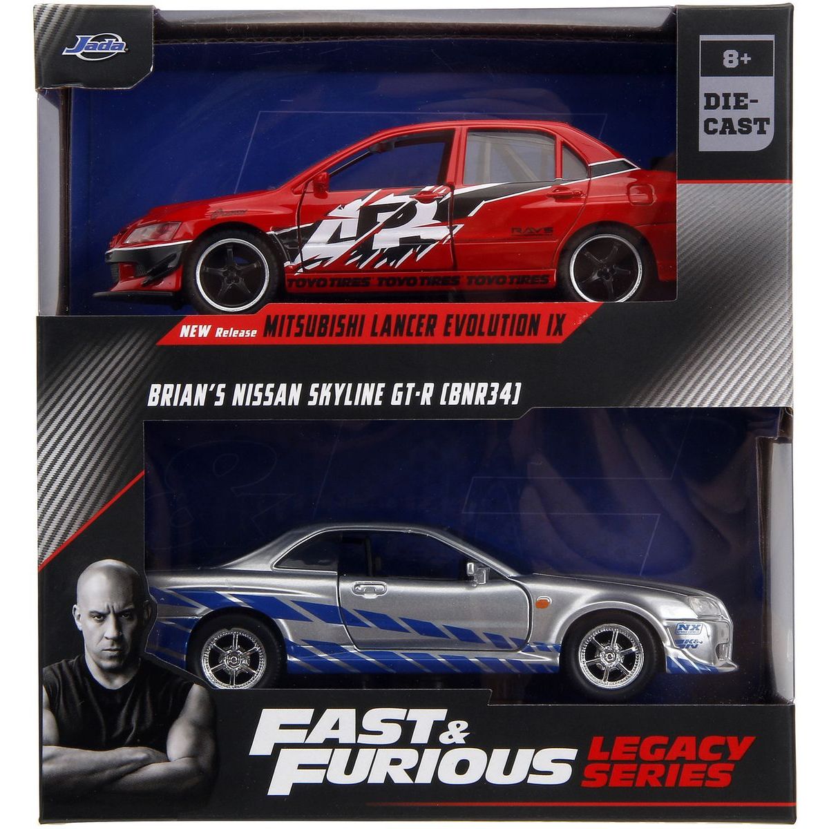 Rychle a zběsile Twin Pack 2006 Mitsubishi Lancer Evo IX + Brianův 2002 Nissan Skyline GTR R34, 1:32 Wave
