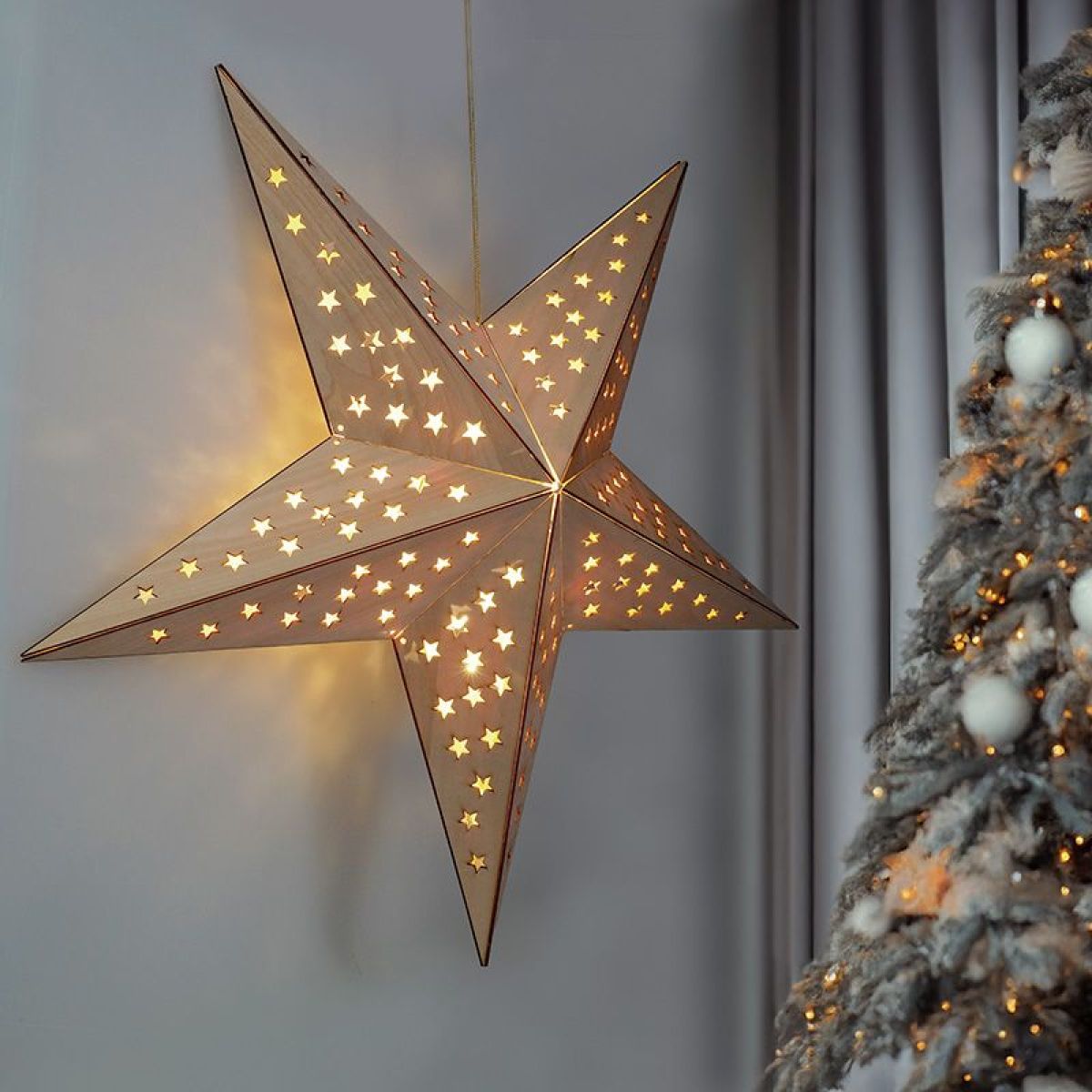 Solight LED dřevěná vánoční hvězda, závěsná, časovač, 20x LED, 65cm, 2x AA
