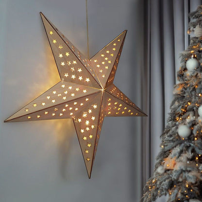 Solight LED dřevěná vánoční hvězda, závěsná, časovač, 20x LED, 65cm, 2x AA