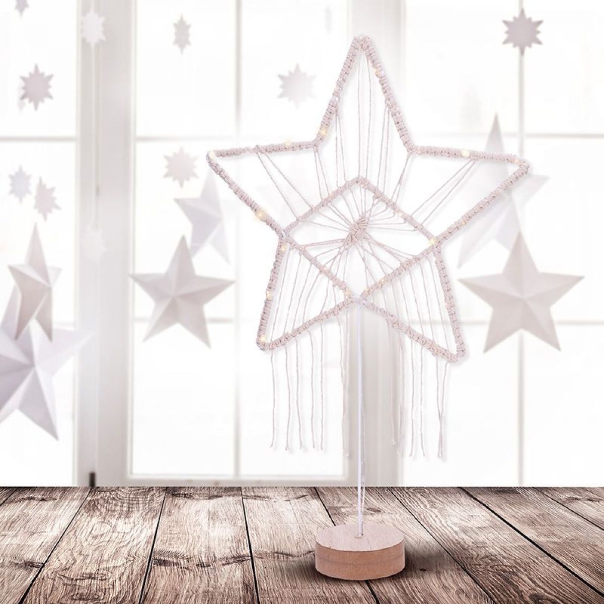 LED vánoční hvězda stolní, pletená, 35 x LED, 2 x AAA