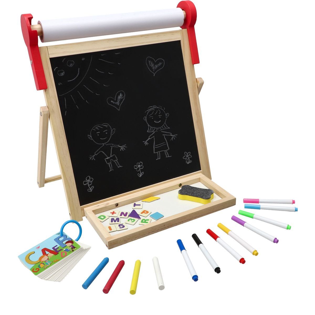 Teddies Tabule oboustranná magnetická dřevo černá-bílá 33x33cm s rolí papíru s doplňky v krabici 37x43cm