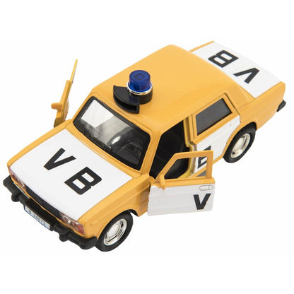 Policejní auto VB kov-plast 11,5 cm na zpětné natažení na baterie se zvukem v krabičce 15 x 7 x 7cm