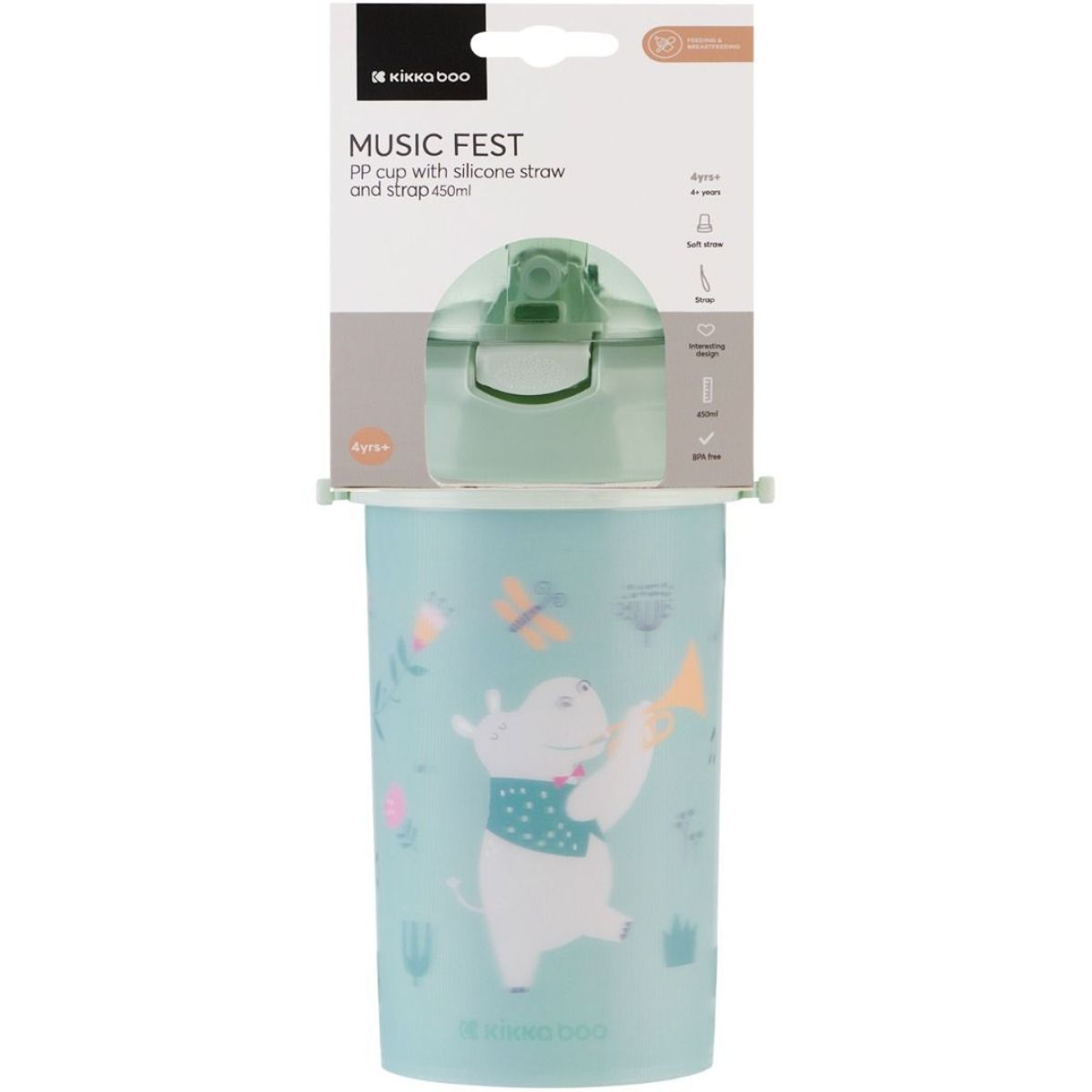 KikkaBoo Hrnek se silikonovým brčkem a popruhem 450ml Music Fest Mint